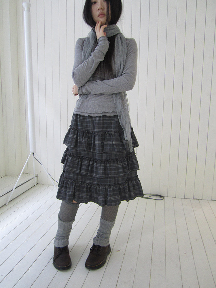 Vintage Gray Plaid Tiered Ruffle Skirt