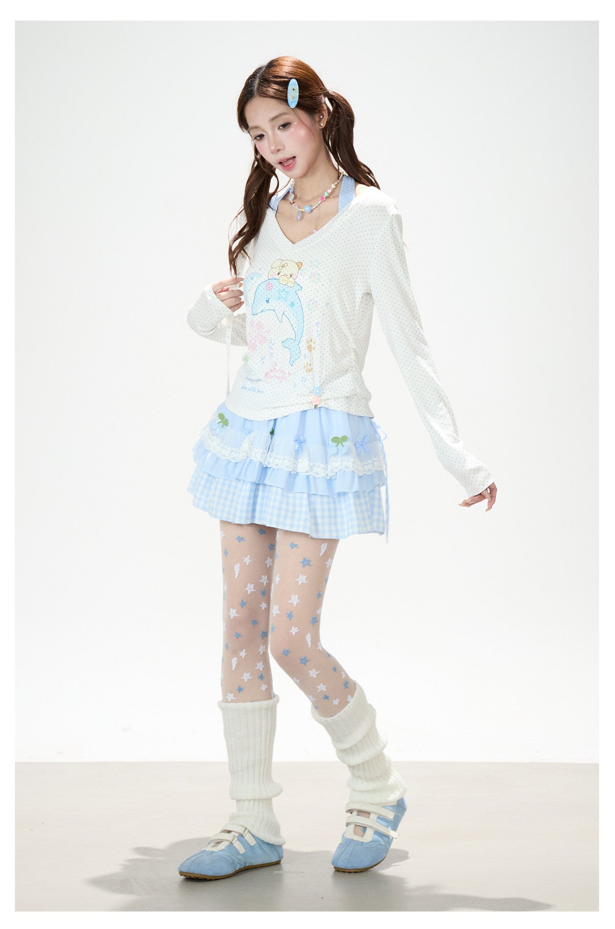 Dreamy Dolphin Polka-Dot V-Neck Long Sleeve Top & Gingham Ruffle Mini Skirt