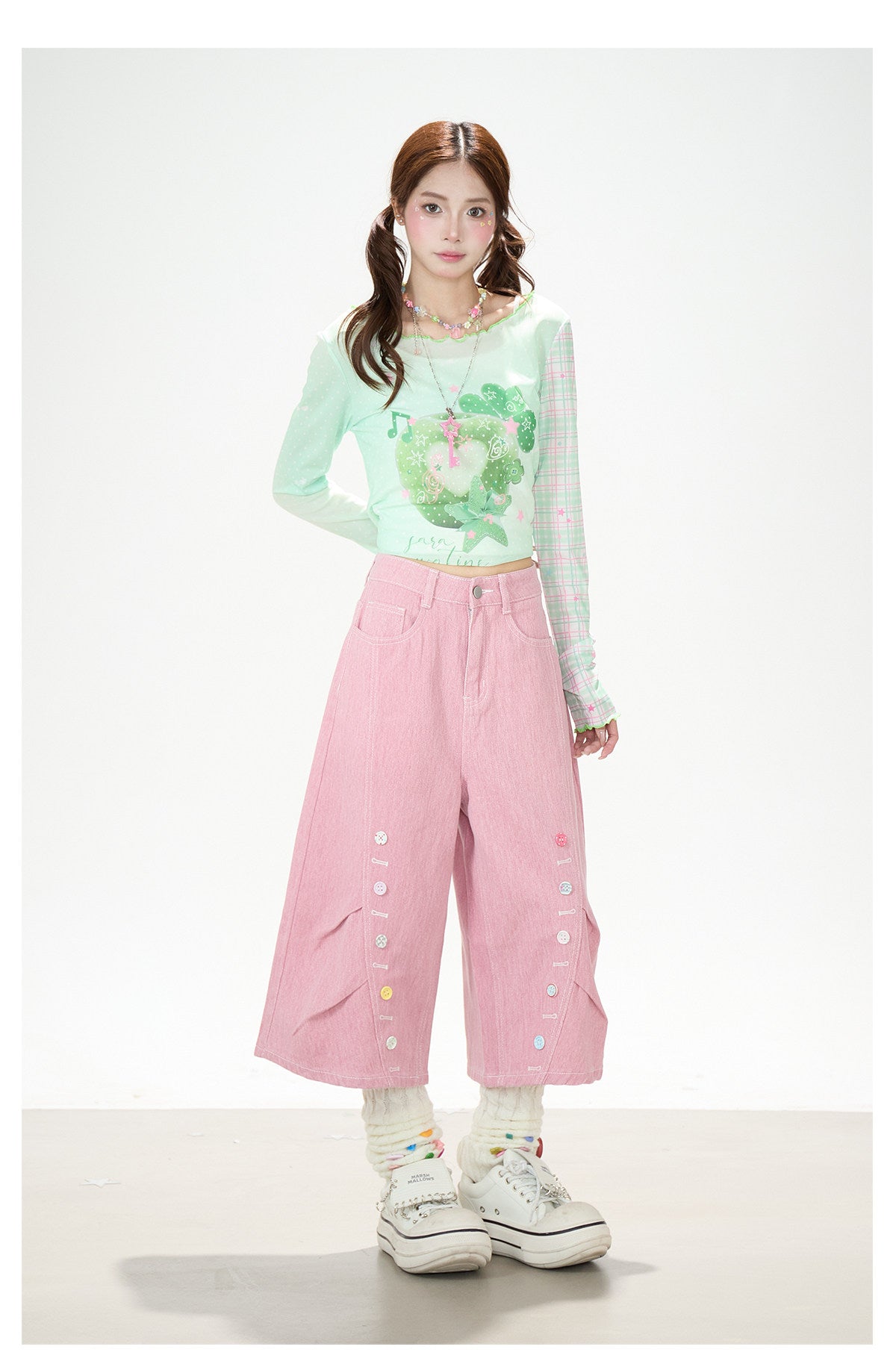Apple Plaid Mesh Long Sleeve Top & Pink Polka Dot Wide Leg Pants