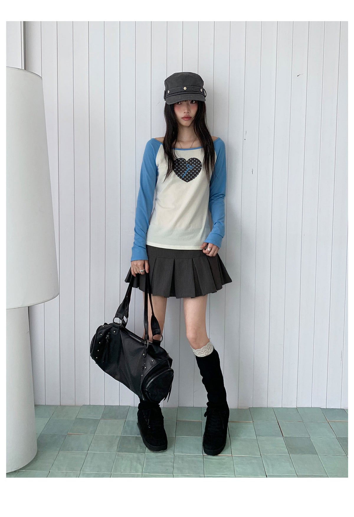 Polka Dot Heart Key Contrast Raglan Long Sleeve Tee