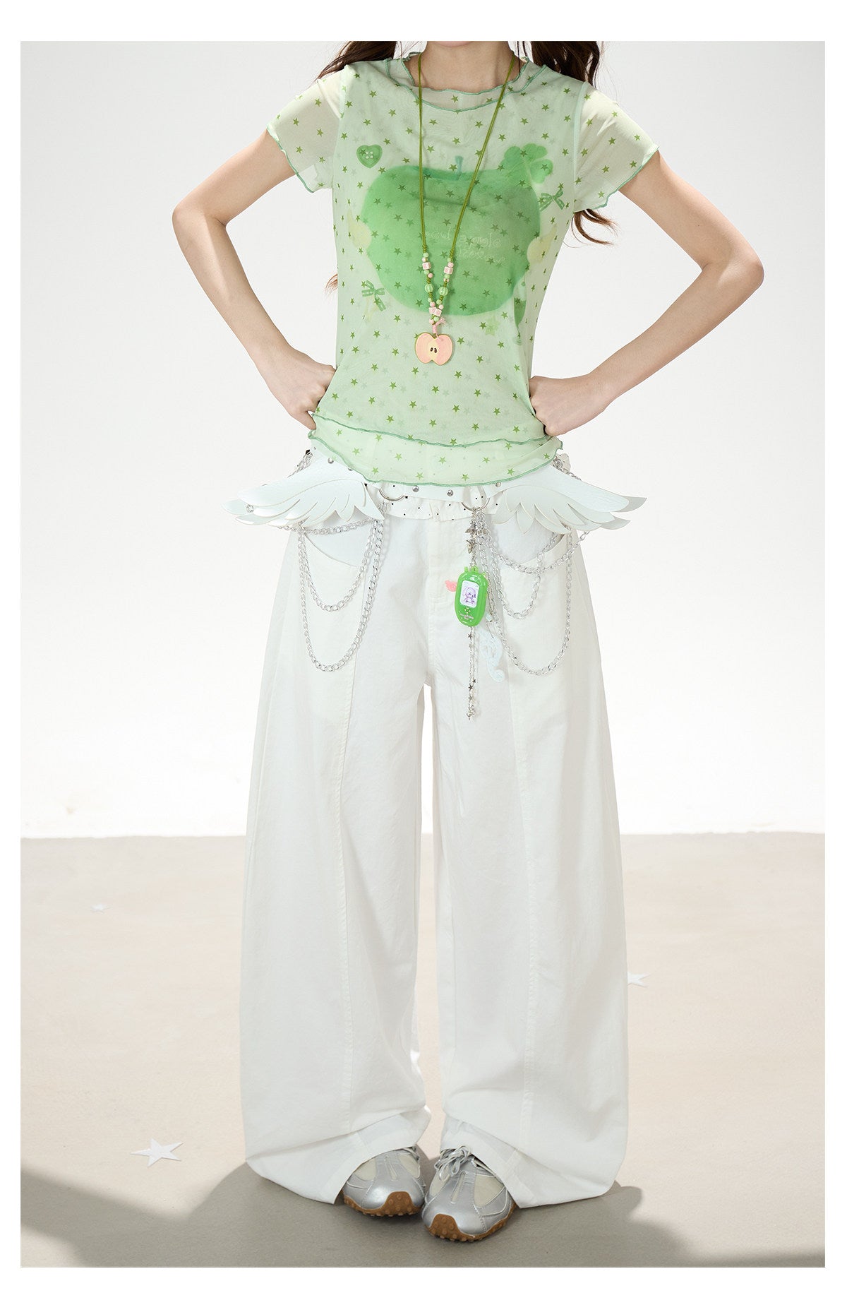 Star Mesh Baby Tee & White Wide-Leg Pants
