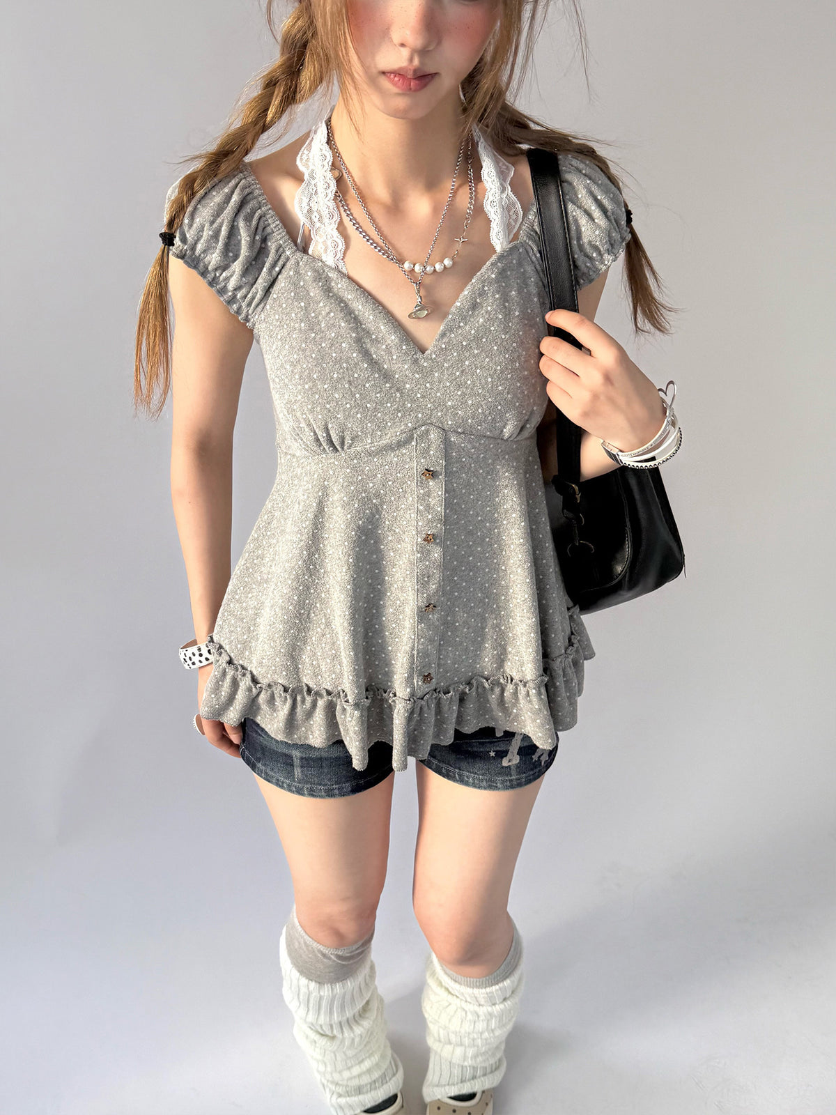 Polka Dot Lace Halter Ruffle Tee