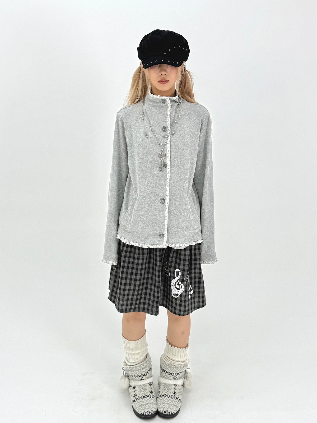 Floral-Trim Stand Collar Button Cardigan