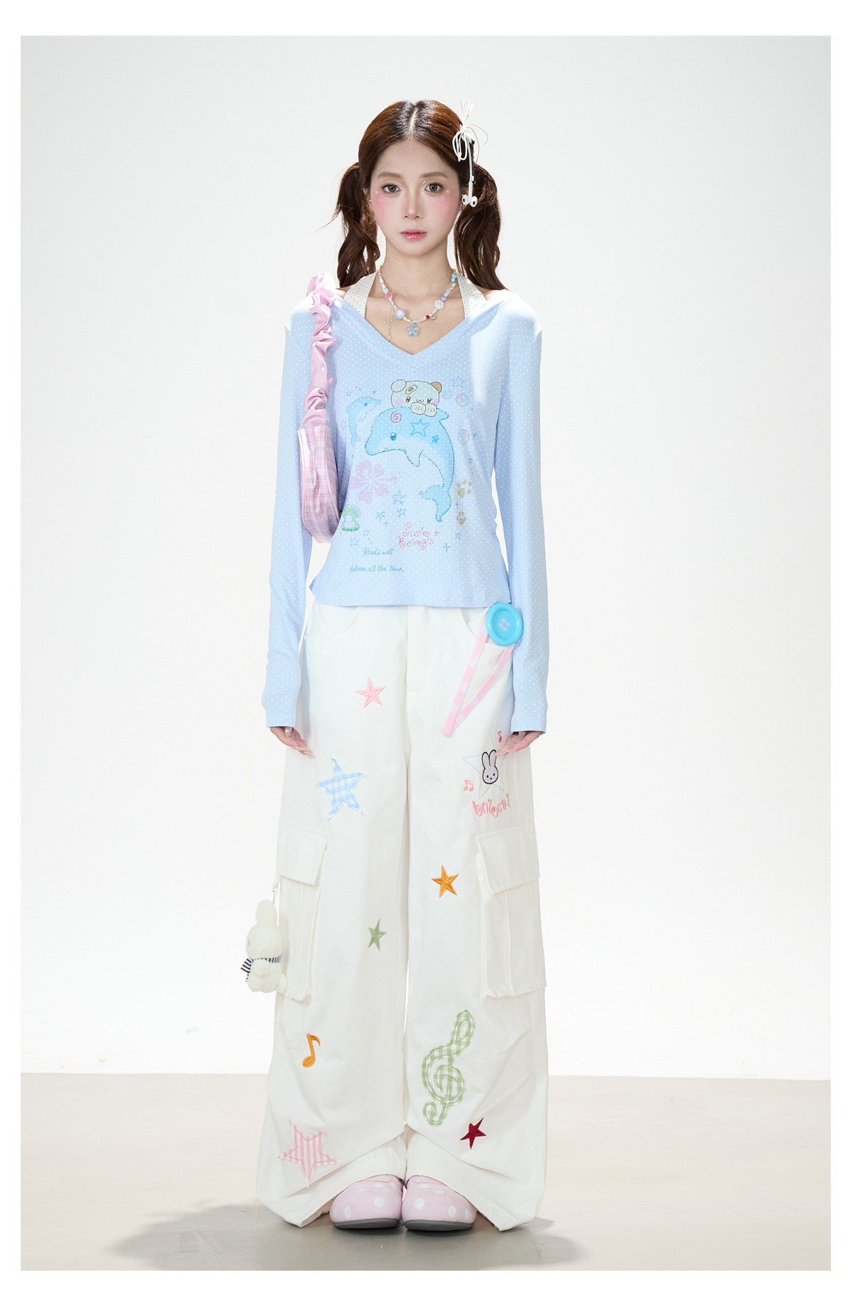 Cartoon Patch Embroidered Wide-Leg Cargo Pants