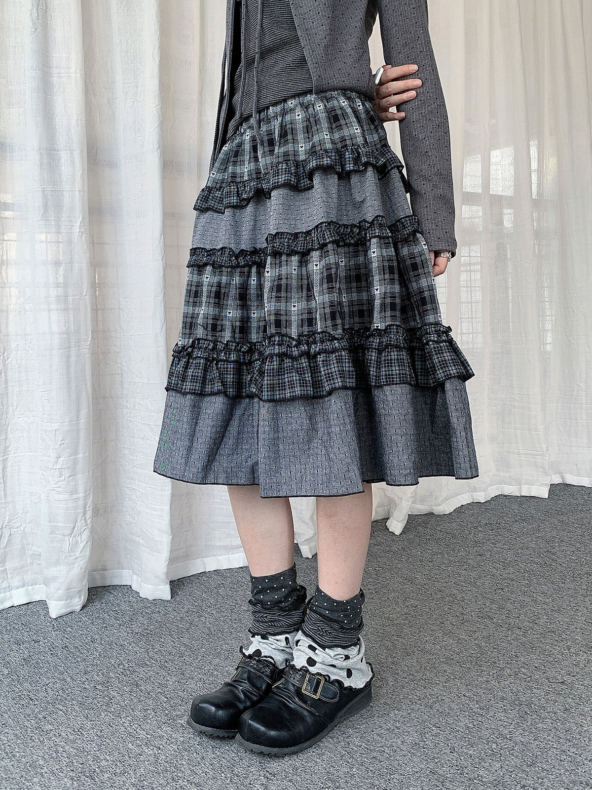 Plaid Ruffle Tiered Midi Skirt