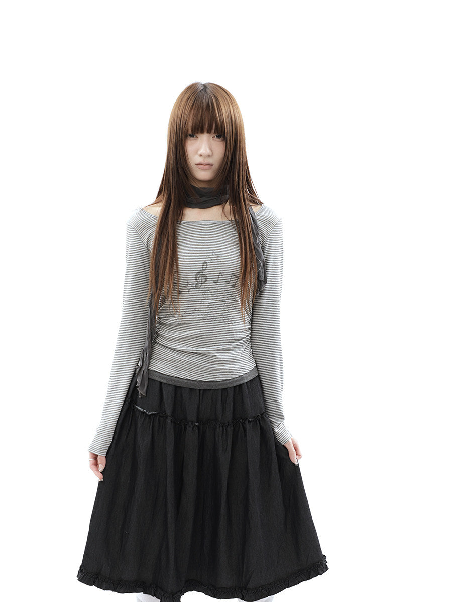 Music Note Striped Layered Long Sleeve Top with Scarf