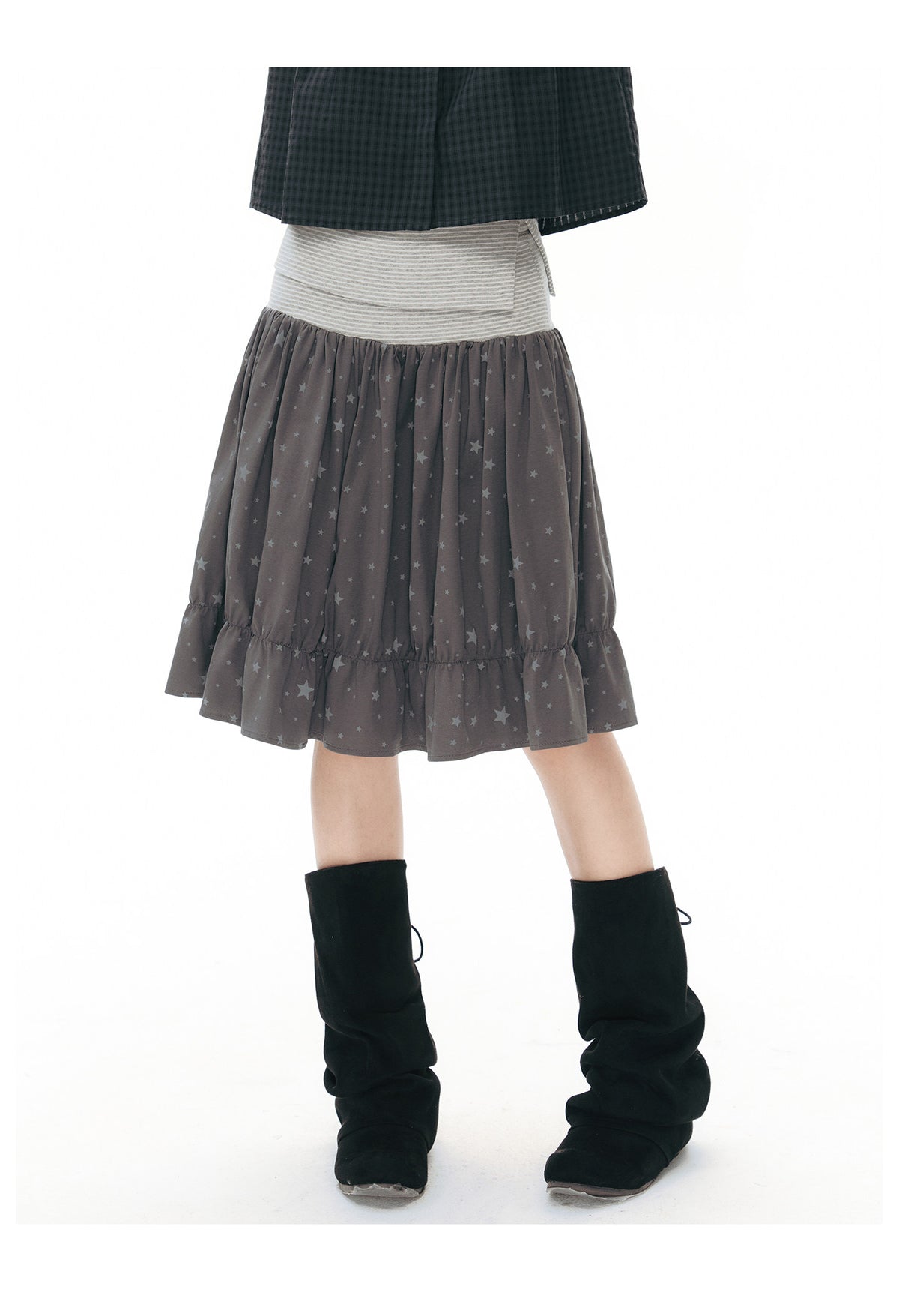 Star Print Striped-Waist Ruffle Midi Skirt