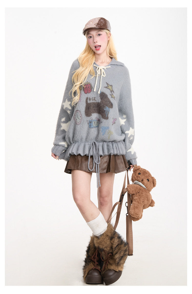 Puppy Graphic Bow-Collar Oversized Knit Sweater
