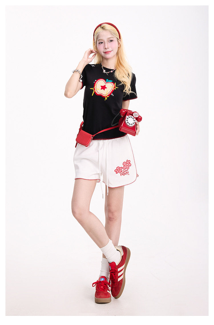 Embroidered Apple Contrast-Stitch Fitted Tee