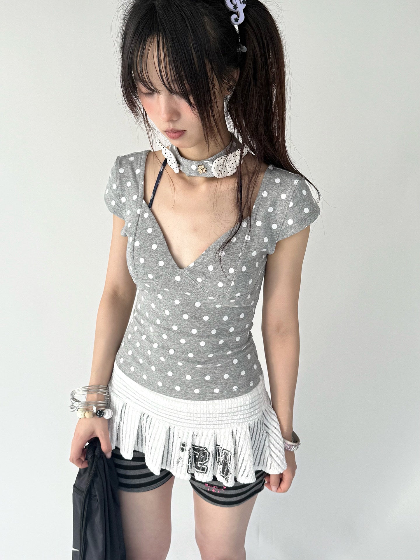 Mechanical Bear Polka Dot V-Neck Fitted Tee with Choker