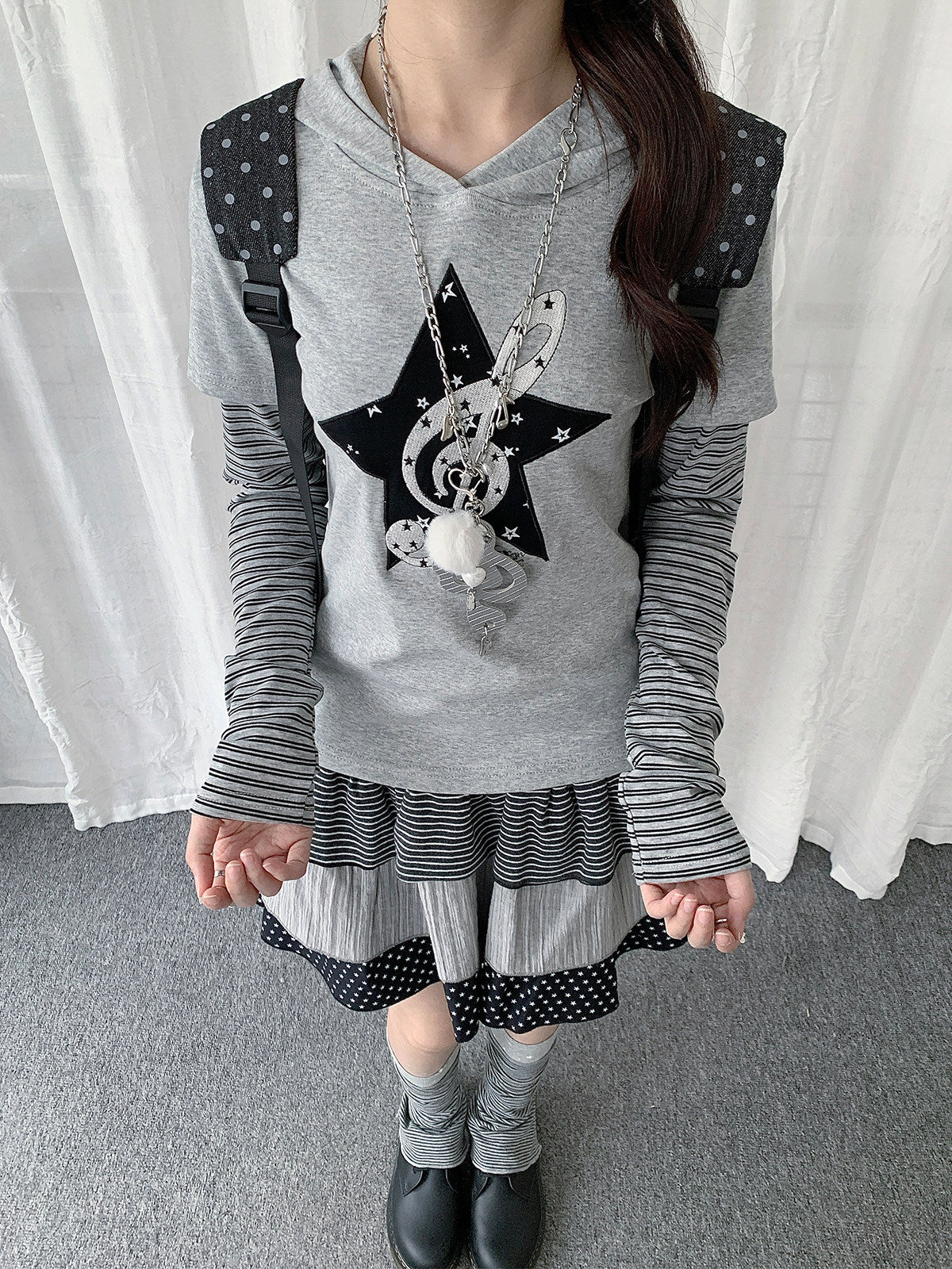 Star Music Note Layered Hooded Long Sleeve Top