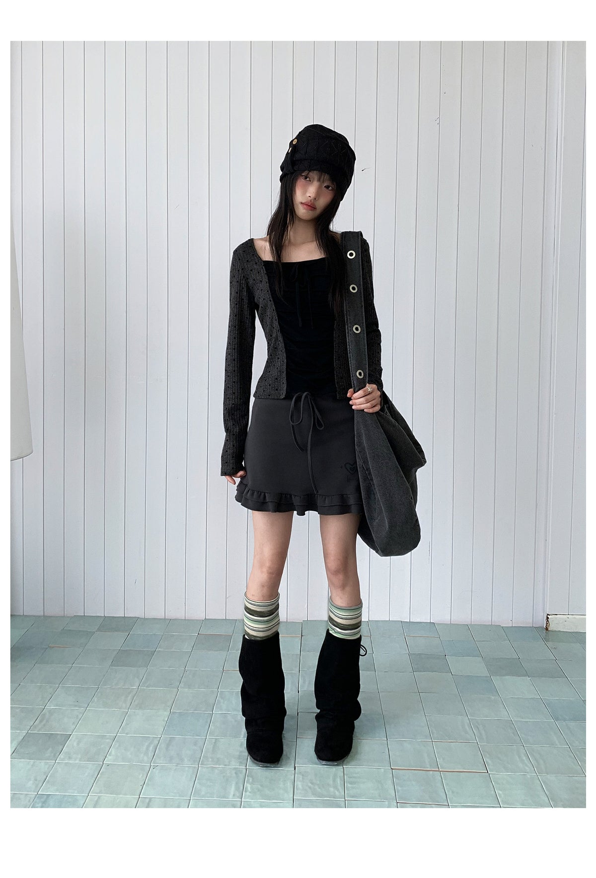 Heart Pulse Drawstring Ruffle Mini Skirt