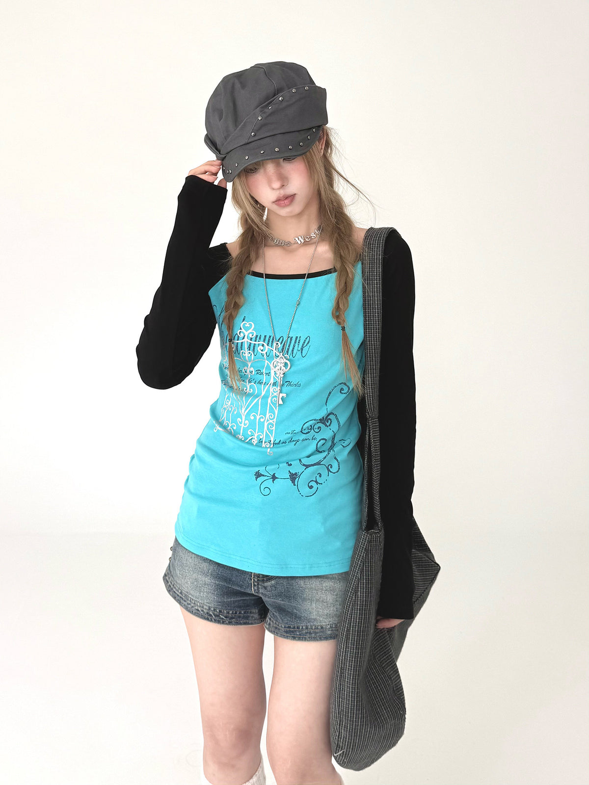 Aqua Contrast Graphic Raglan Long Sleeve Top