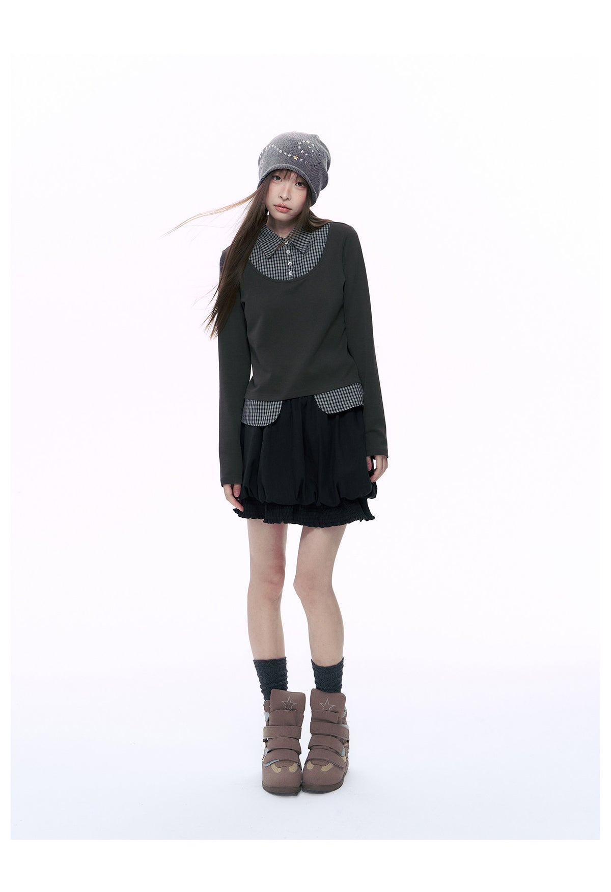 Plaid Collar Faux-Layer Long Sleeve Top