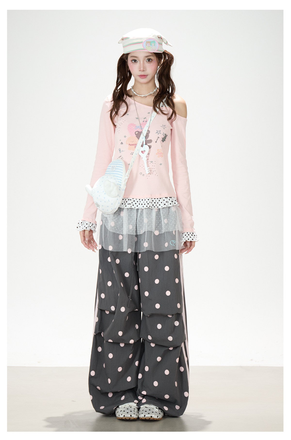 Dreamy Cartoon Off-Shoulder Layered Long Sleeve Top & Polka Dot Wide-Leg Pants