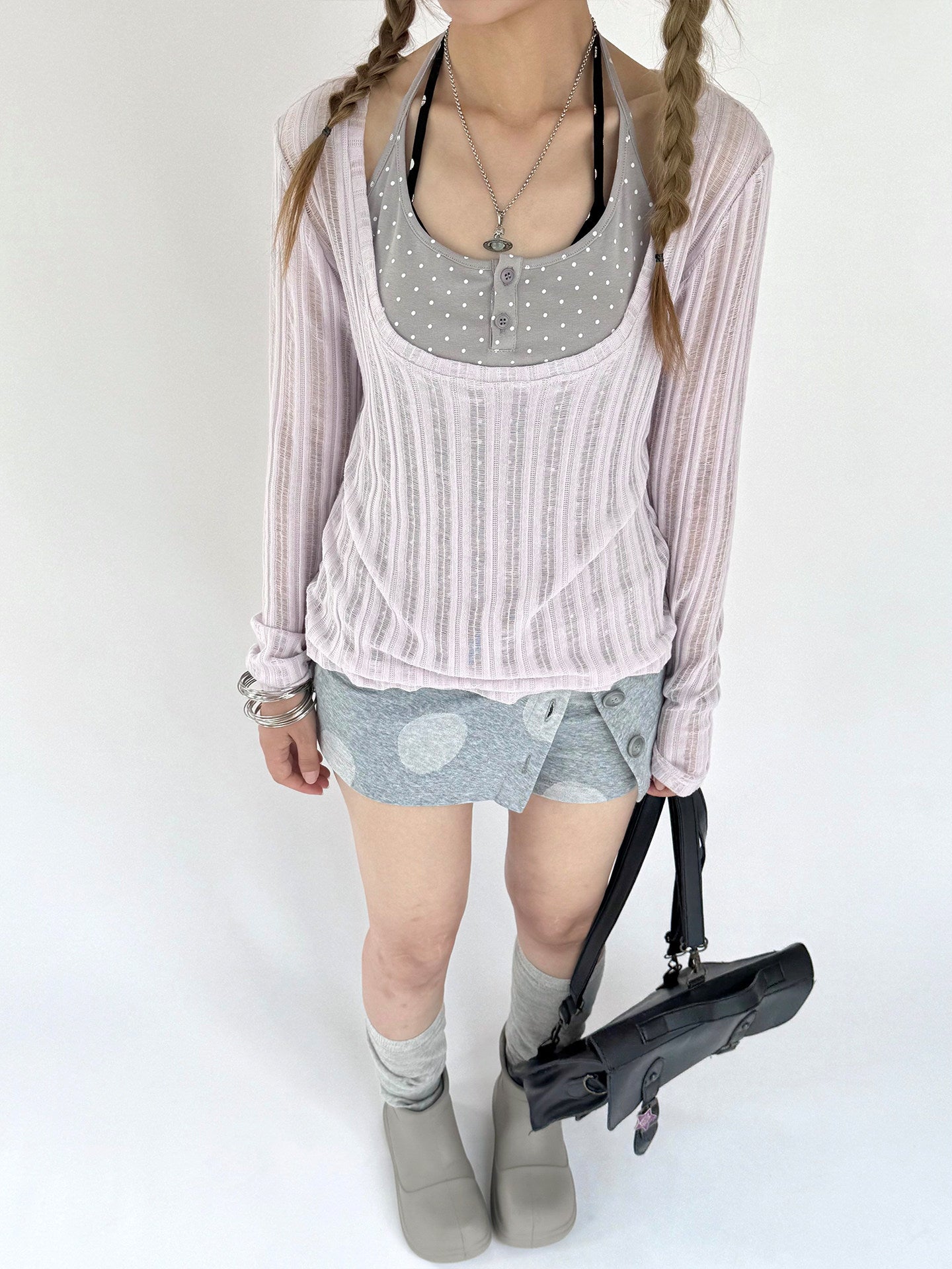 Wisteria Open-Knit Faux-Layer Long Sleeve Top