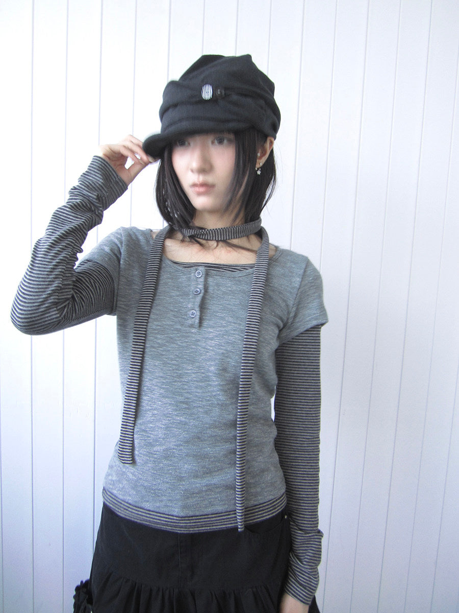 Striped Layered Scarf Henley Long Sleeve Top