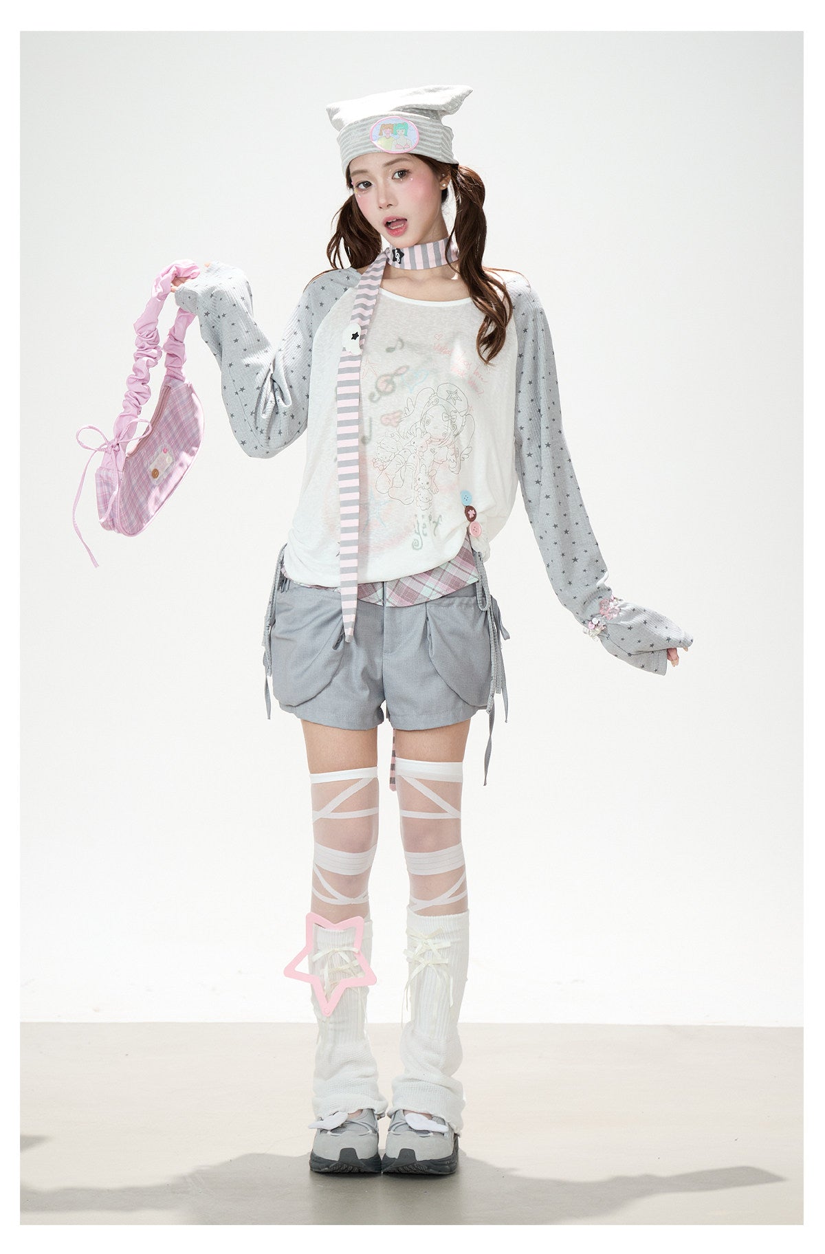 Dreamy Star Raglan Long Sleeve Top & Gray Striped Star Flare Pants