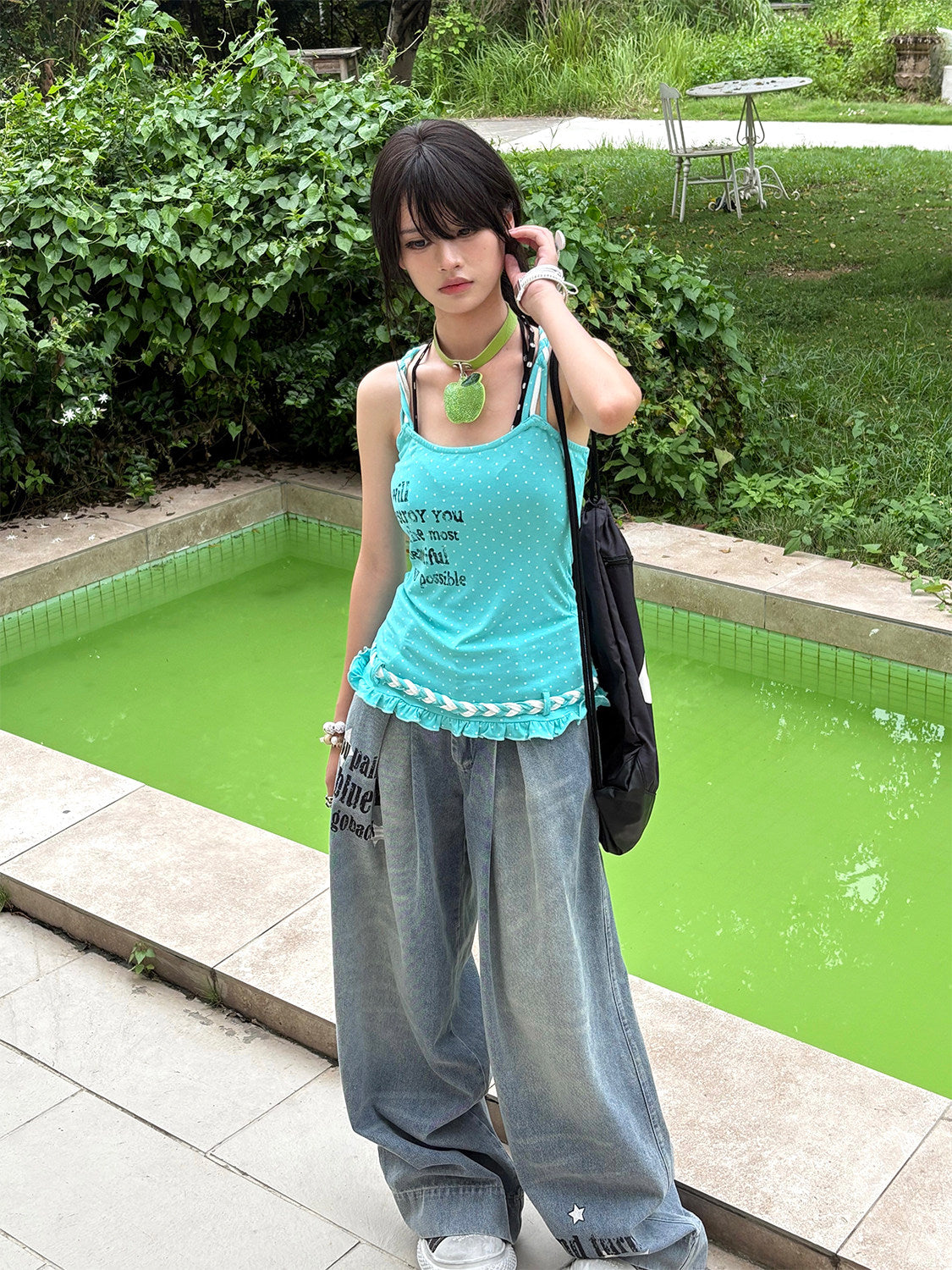 Aqua Polka Dot Braided Ruffle Tank Top