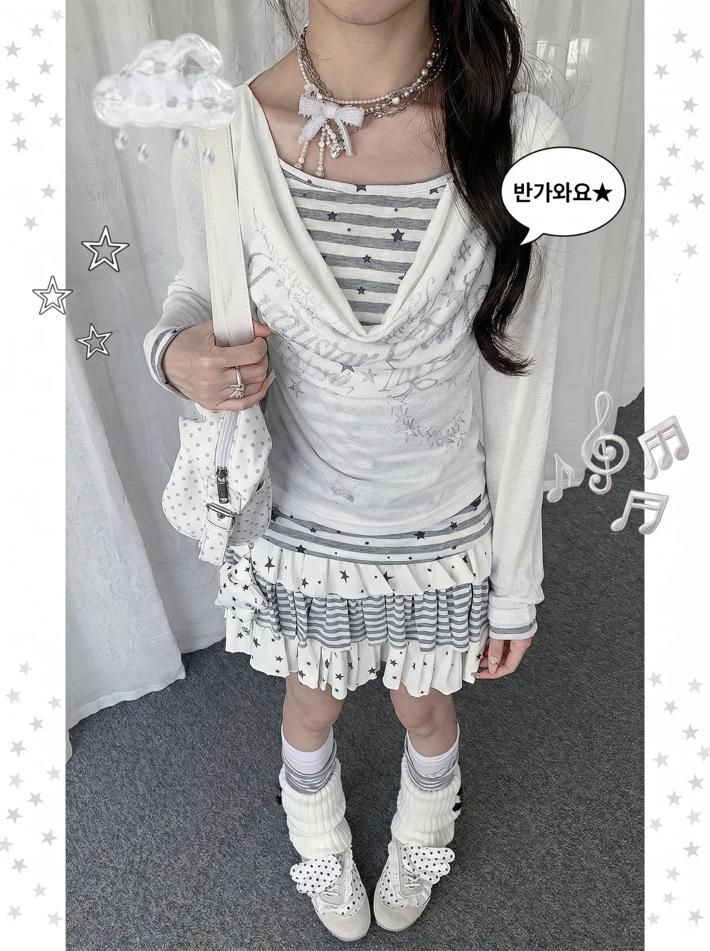 【rejio】Drape-Neck Fake-Layered Startop (Weiß / Schwarz)