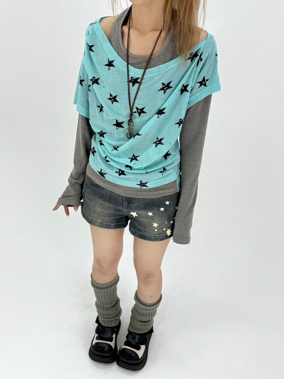 Star Print Faux-Layered Off-Shoulder Long Sleeve Top
