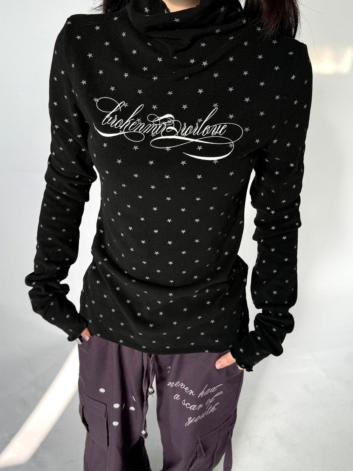 Star Print Mock Neck Thermal Long Sleeve Top
