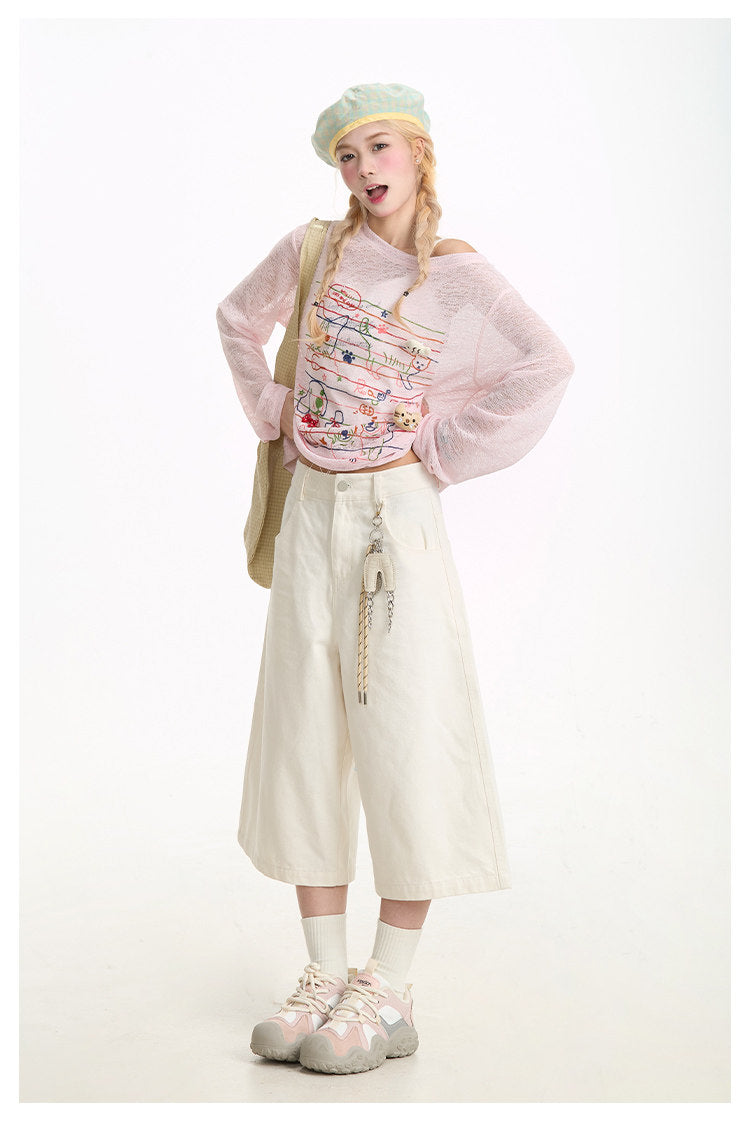 Cat & Puppy Sheer Graphic Long Sleeve Top