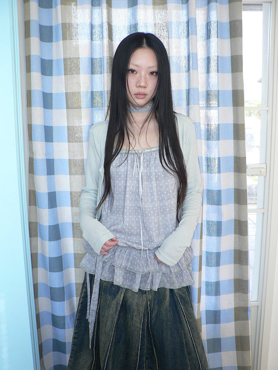 Polka Dot Ruffle Camisole & Cardigan Set with Scarf