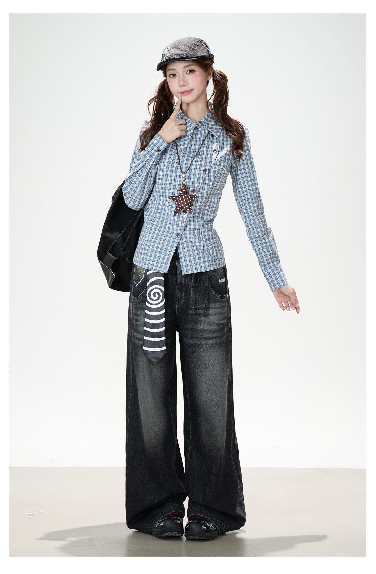 Blue Check Asymmetrical Shirt & Washed Wide-Leg Pants