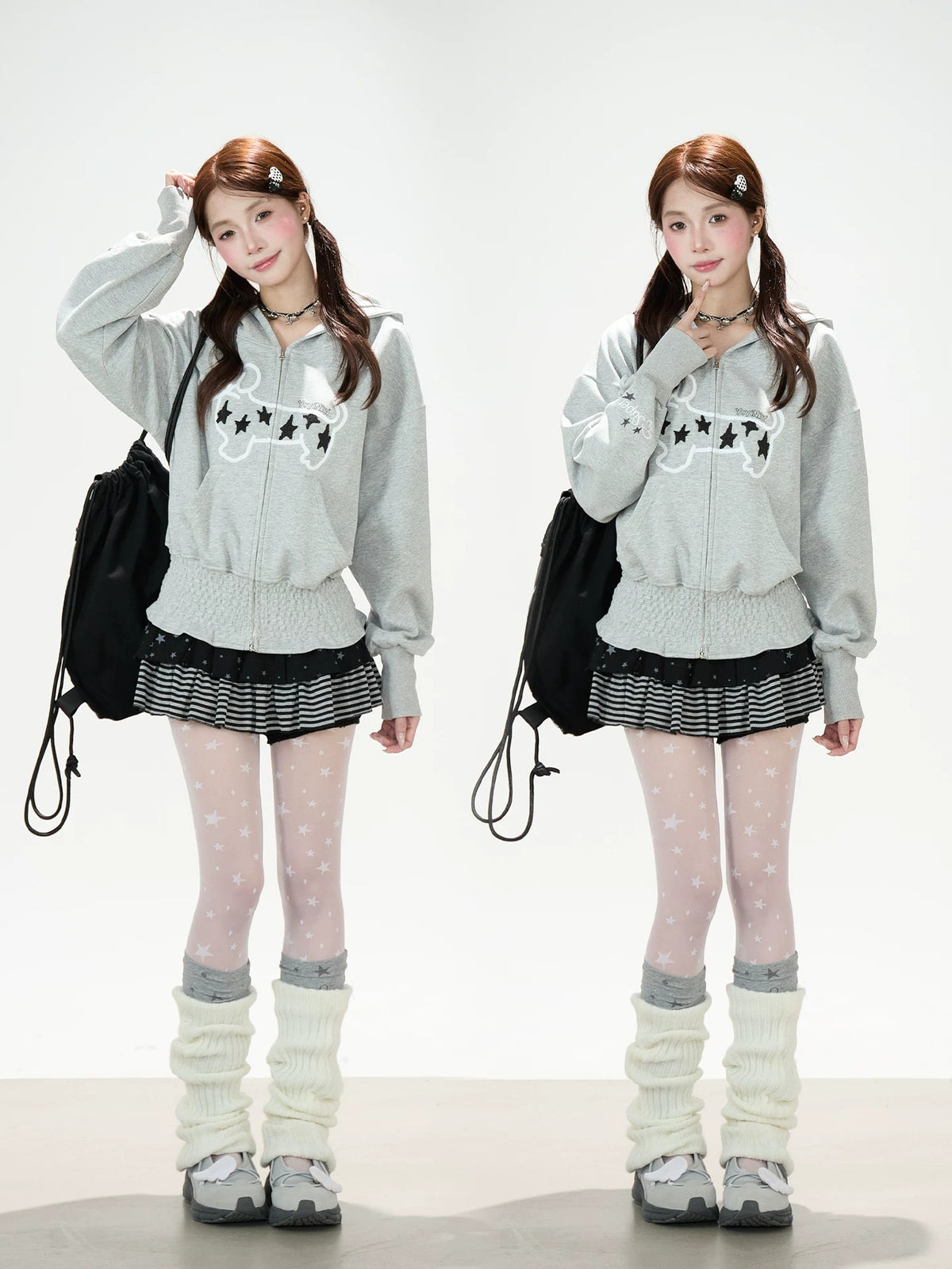 Star Puppy Zip-Up Hoodie & Black Stripe Ruffle Mini Skirt
