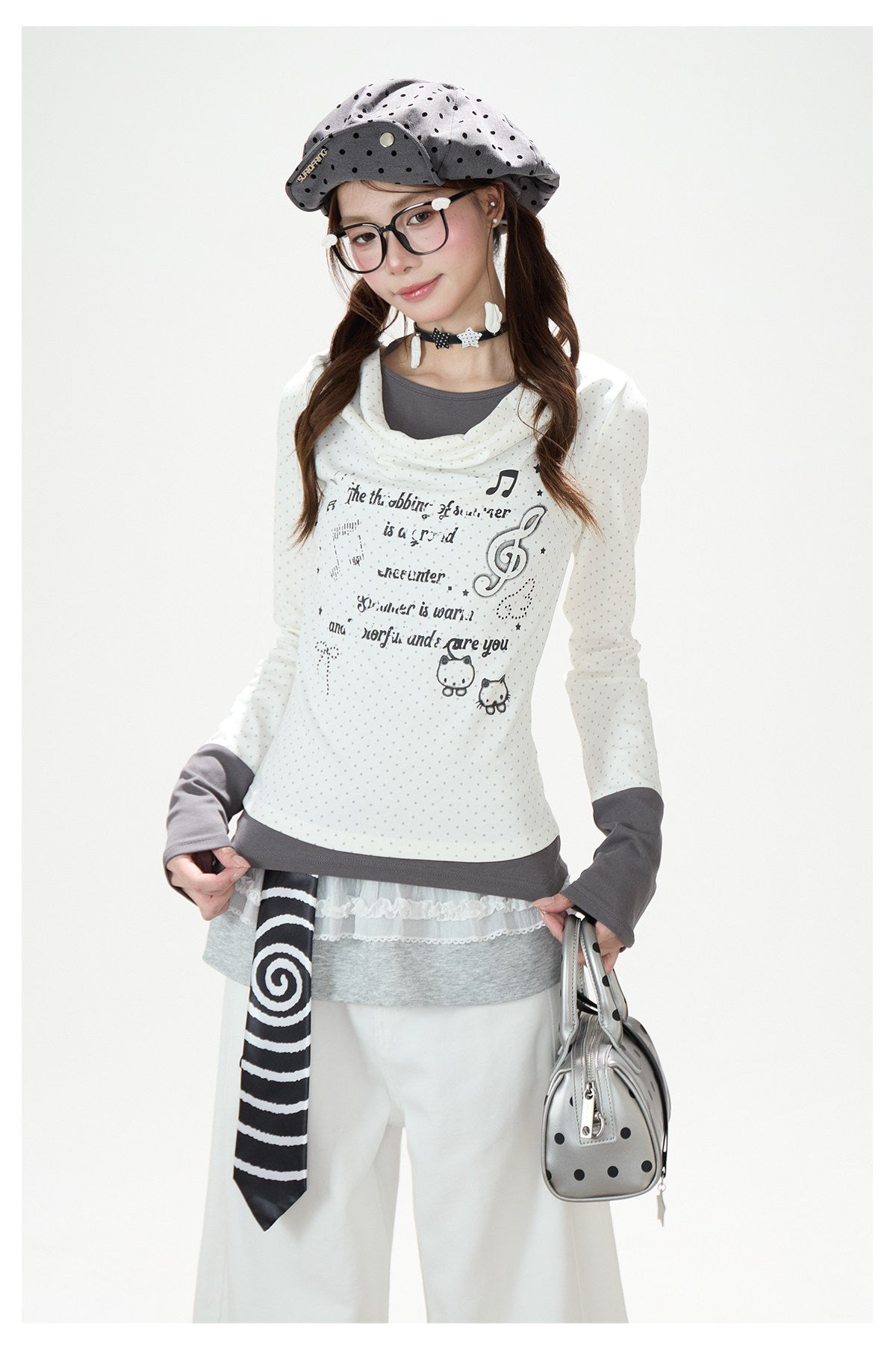 Music Note Cat Polka-Dot Layered Long Sleeve Top & White Wide-Leg Pants