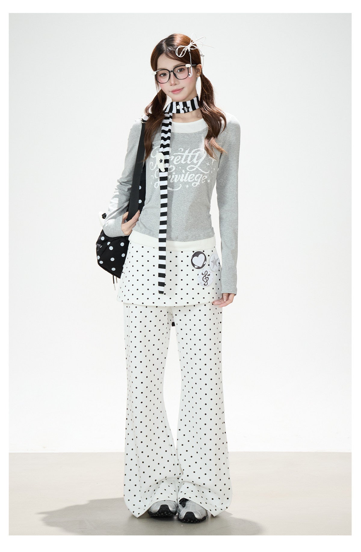 Polka-Dot Skirt-Layer Flared Sweatpants
