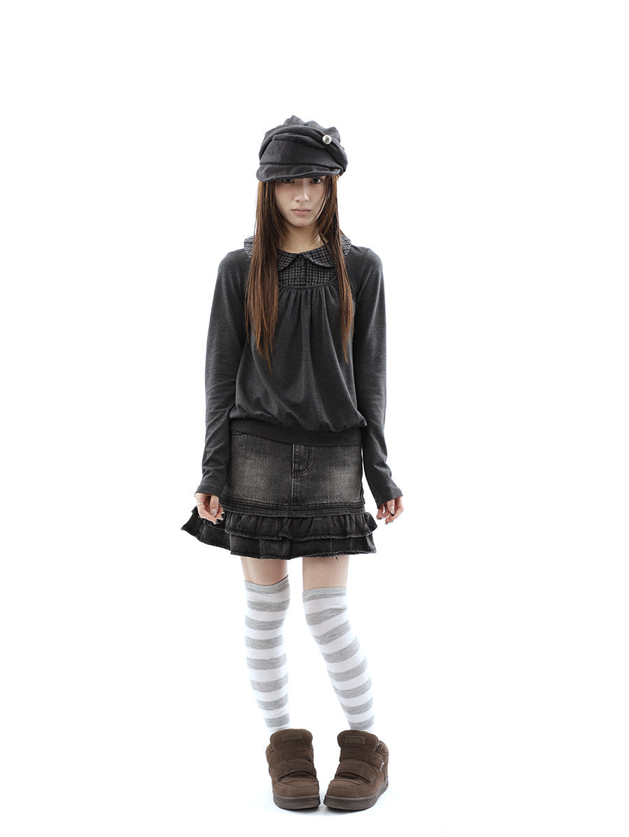 Washed Black Double-Ruffle Denim Mini Skirt