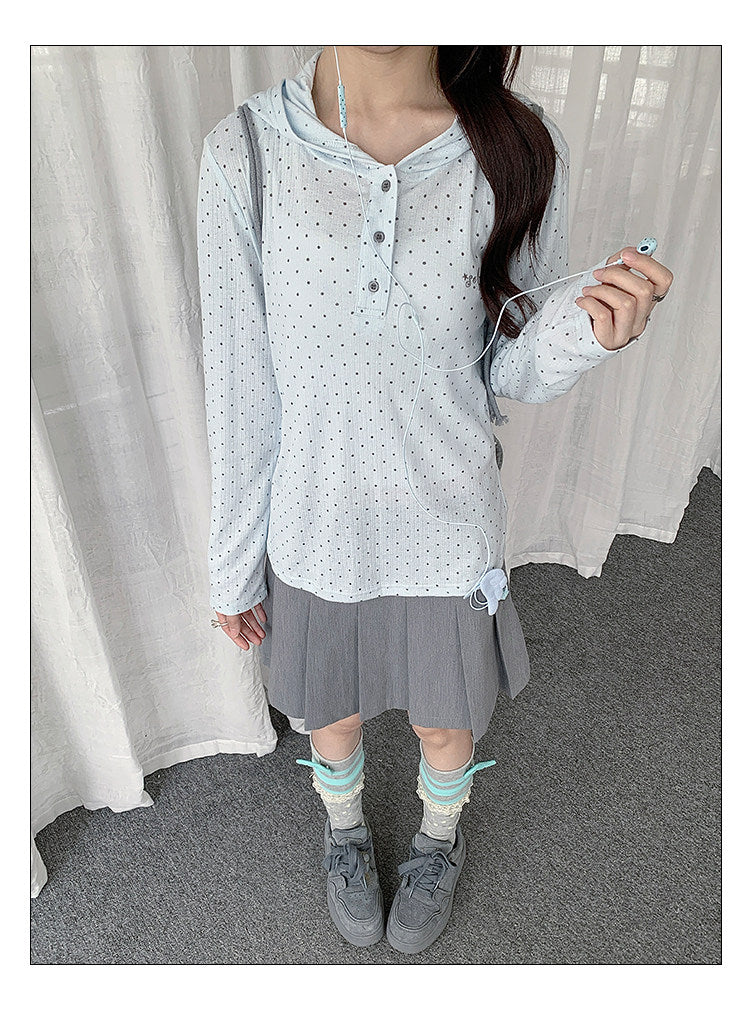Polka Dot Henley Hooded Long Sleeve Top