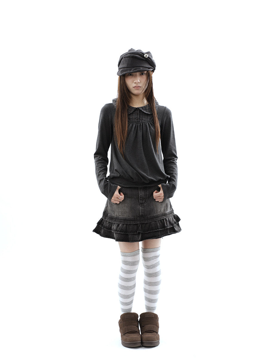 Washed Black Double-Ruffle Denim Mini Skirt