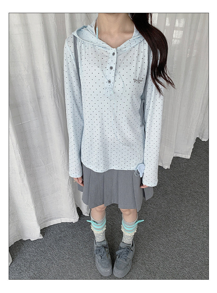 Polka Dot Henley Hooded Long Sleeve Top