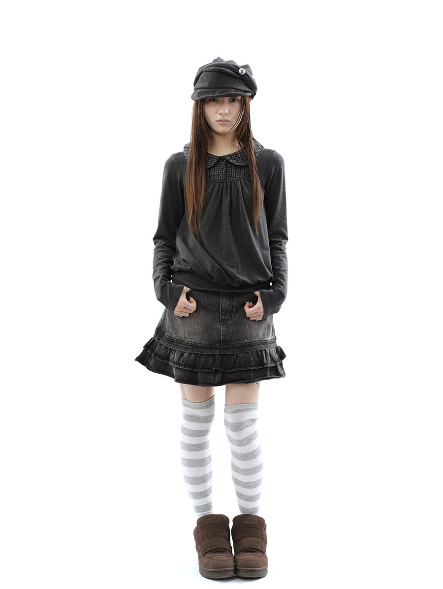 Washed Black Double-Ruffle Denim Mini Skirt