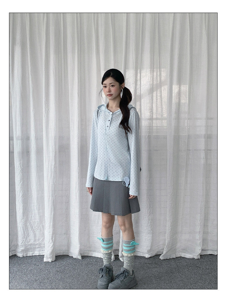 Polka Dot Henley Hooded Long Sleeve Top