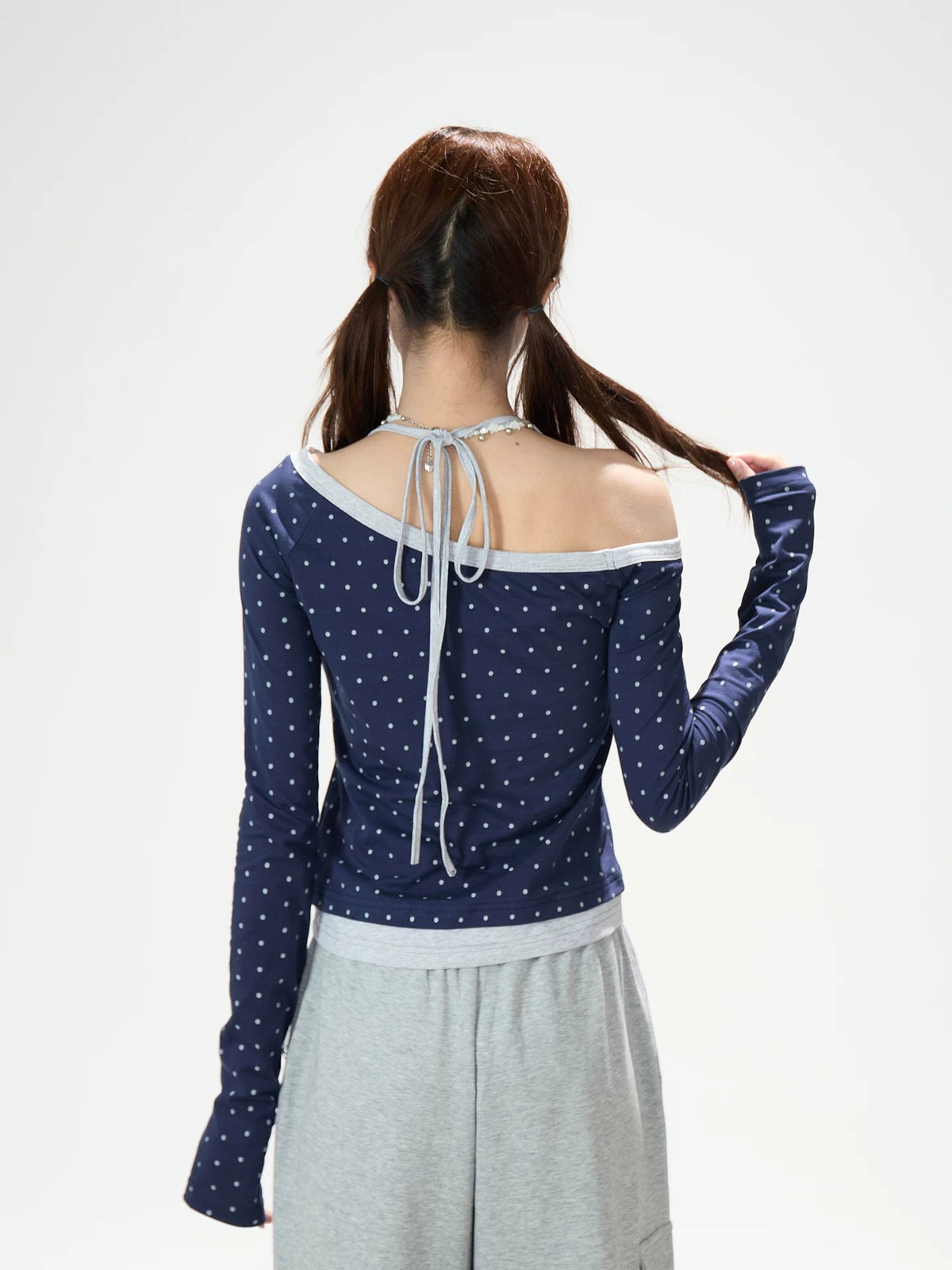 Letter Polka-Dot Off-Shoulder Layered Long Sleeve Top & Cartoon Star Wide-Leg Jeans with Charm