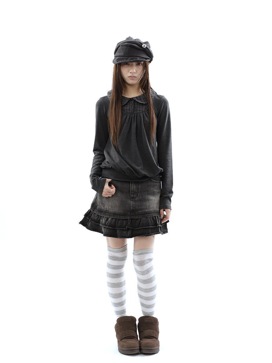 Washed Black Double-Ruffle Denim Mini Skirt