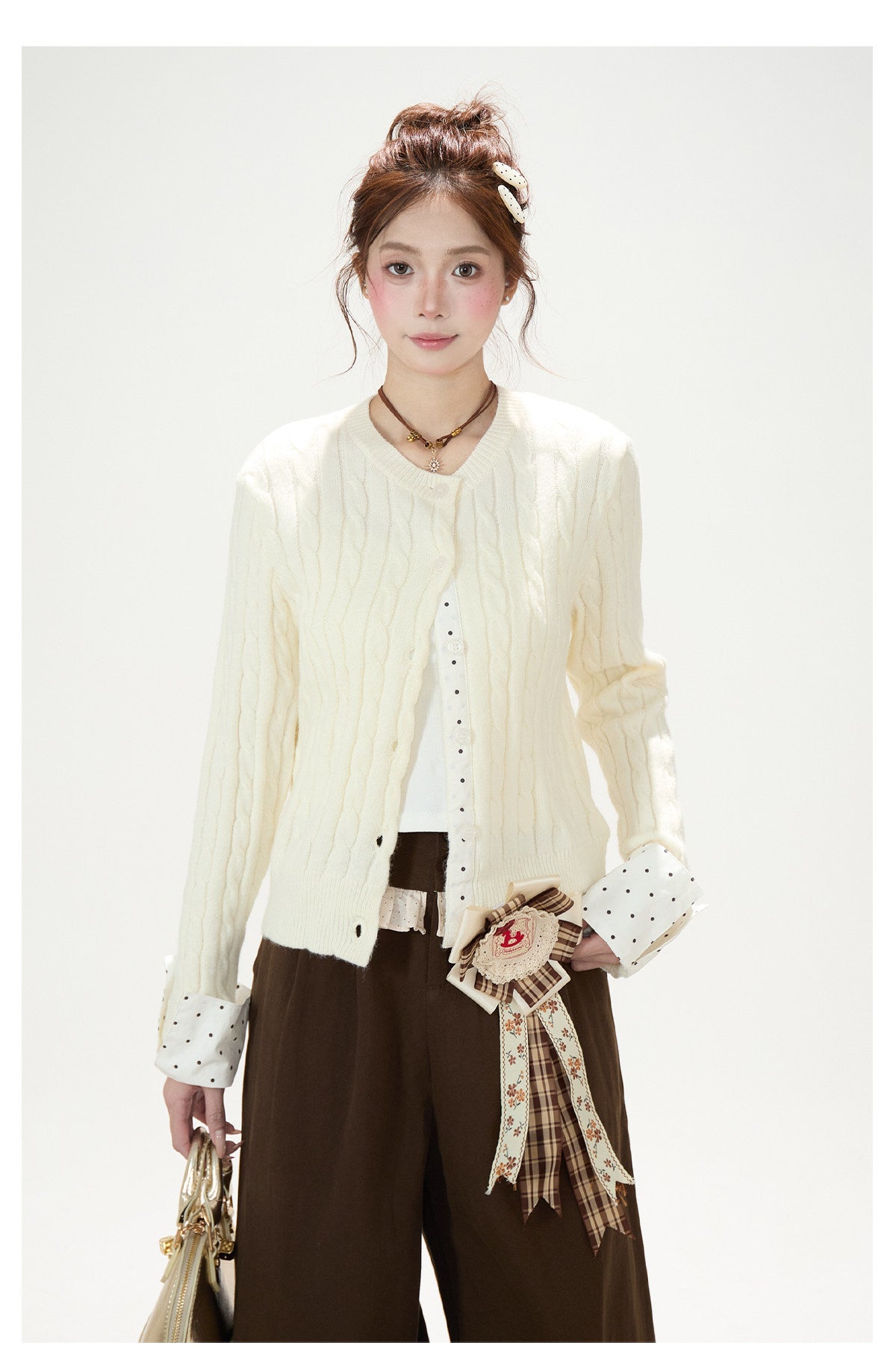 Polka-Dot Bow Knit Cardigan & Black Pinstripe Wide-Leg Pants
