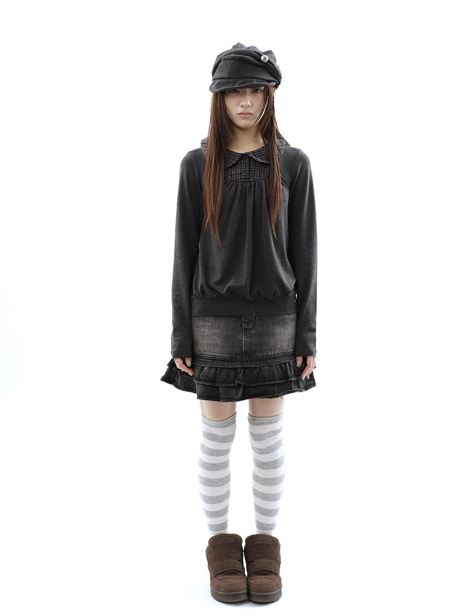 Washed Black Double-Ruffle Denim Mini Skirt