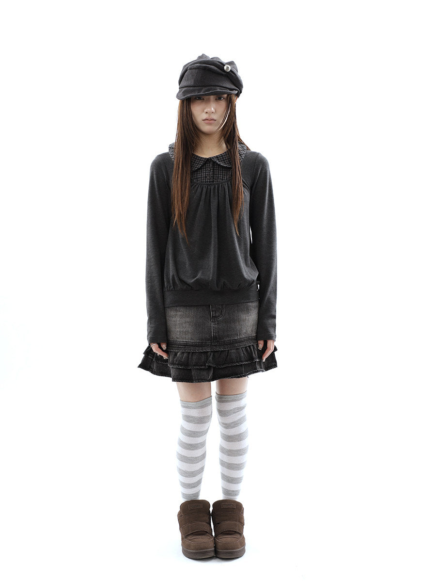 Washed Black Double-Ruffle Denim Mini Skirt