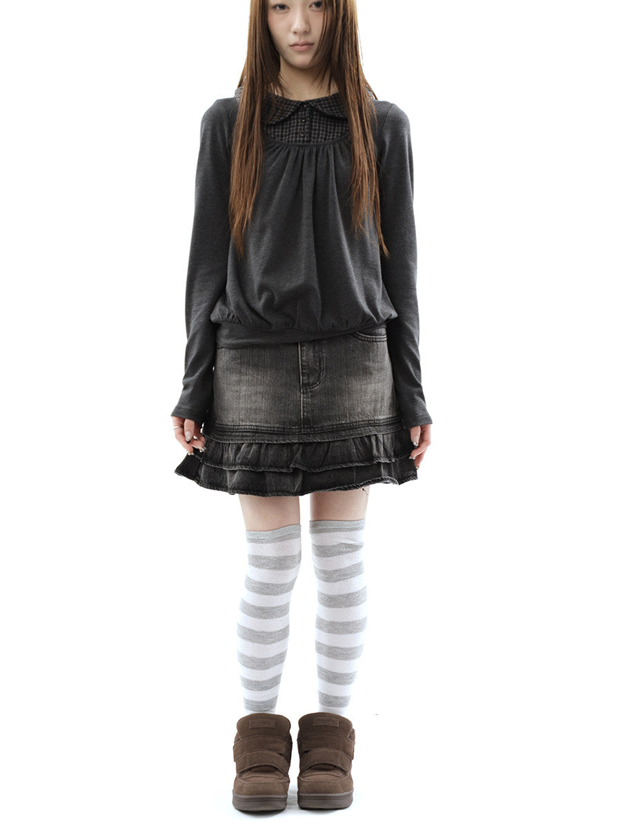 Washed Black Double-Ruffle Denim Mini Skirt