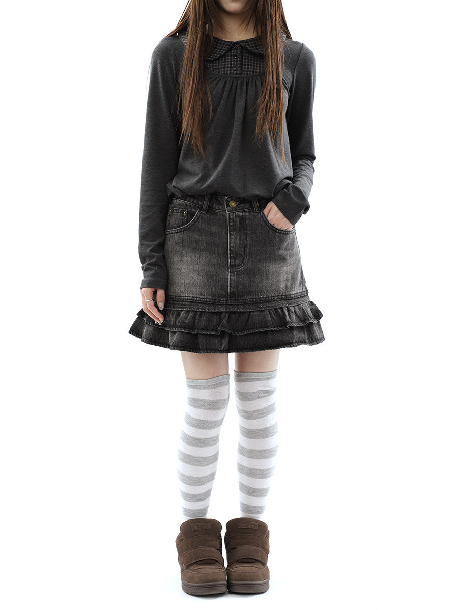Washed Black Double-Ruffle Denim Mini Skirt
