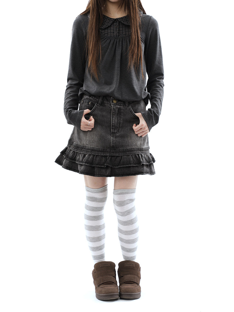 Washed Black Double-Ruffle Denim Mini Skirt