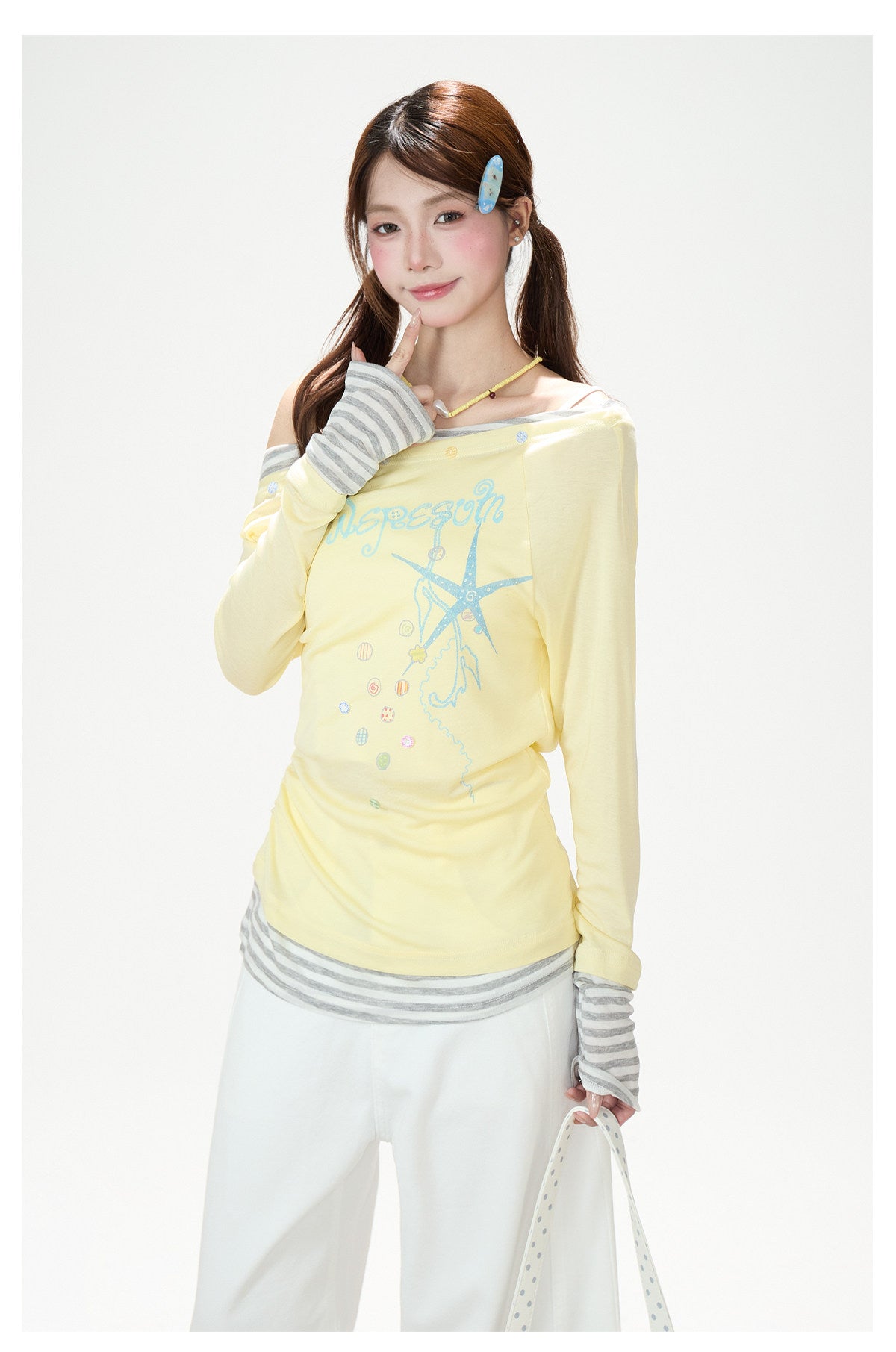 Starfish Off-Shoulder Layered Long Sleeve Top & White Wide-Leg Pants