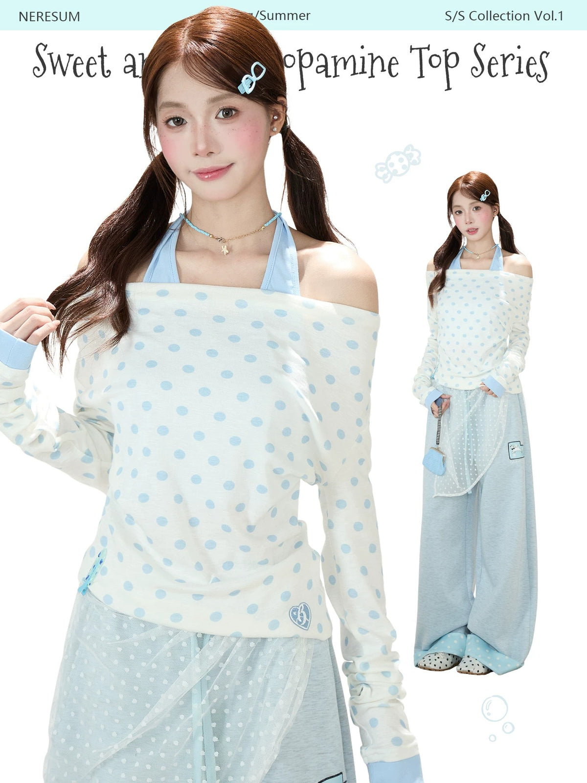 Polka-Dot Off-Shoulder Layered Long Sleeve Top & Blue Wide-Leg Pants