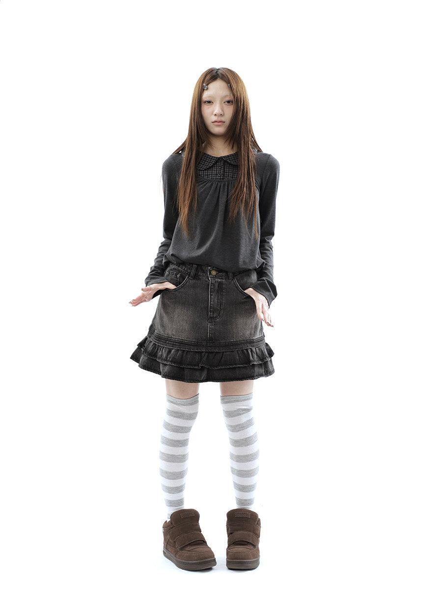 Washed Black Double-Ruffle Denim Mini Skirt