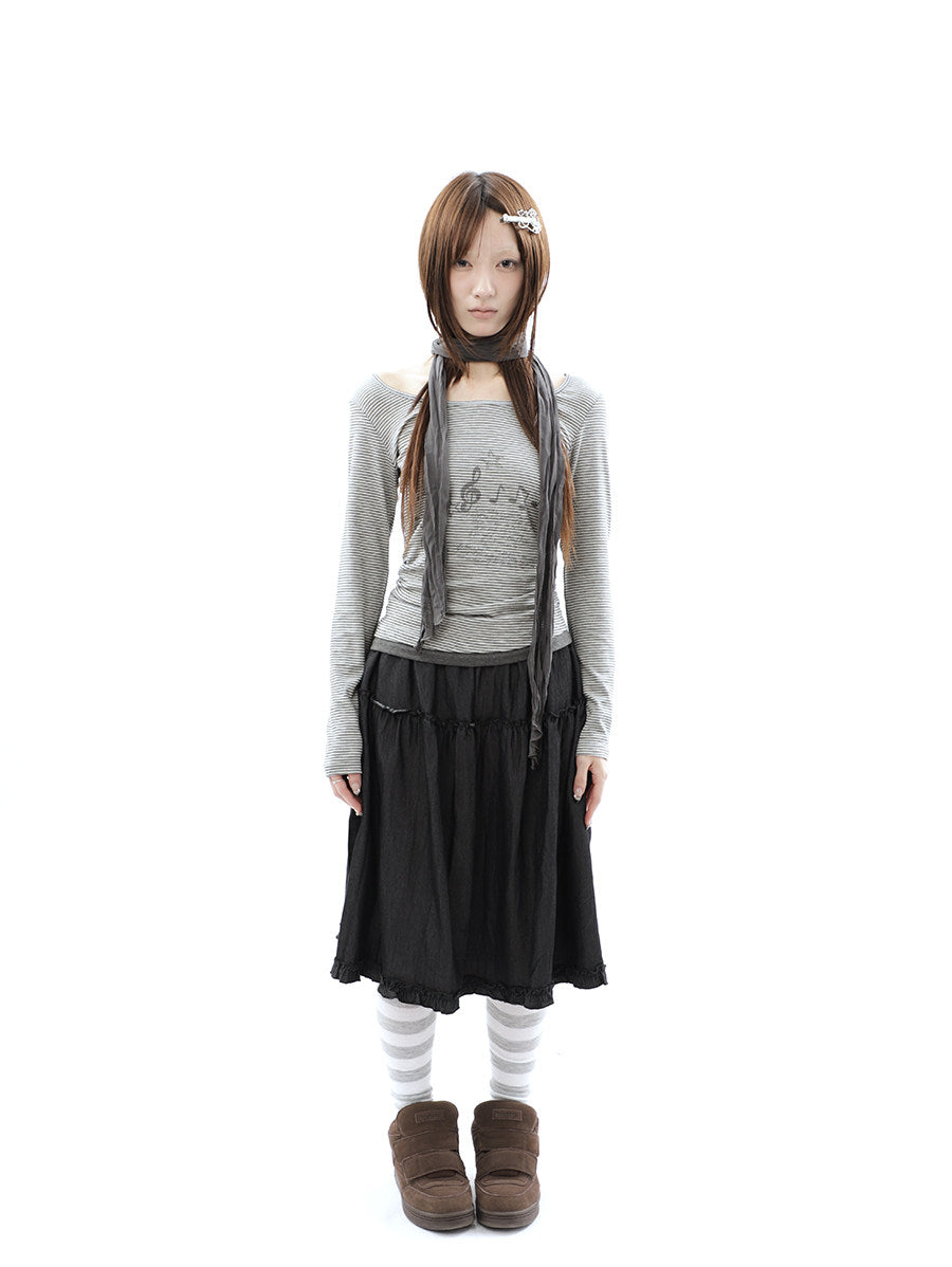 Music Note Striped Layered Long Sleeve Top with Scarf